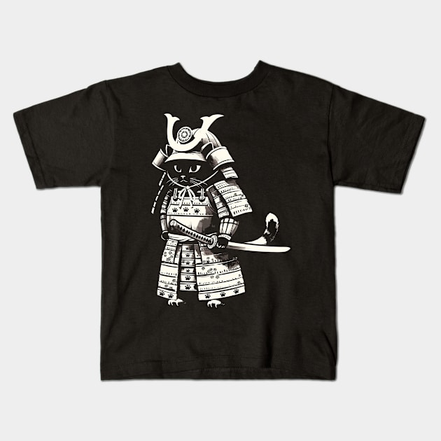 Kawaii Cat Anime Japanese Retro Samurai Novelty Funny Cat Kids T-Shirt by KsuAnn